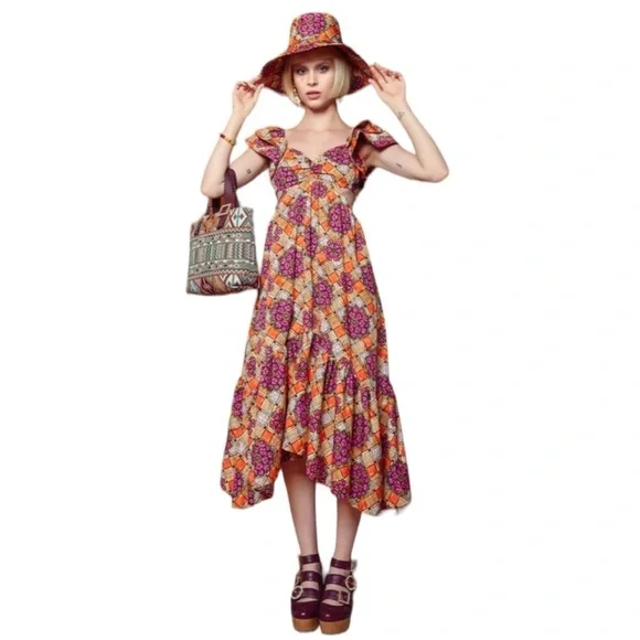 Autumn Adeigbo Chioma Floral Cutout Midi Dress Purple Orange Tiered Ruffle Dress - Picture 3 of 15